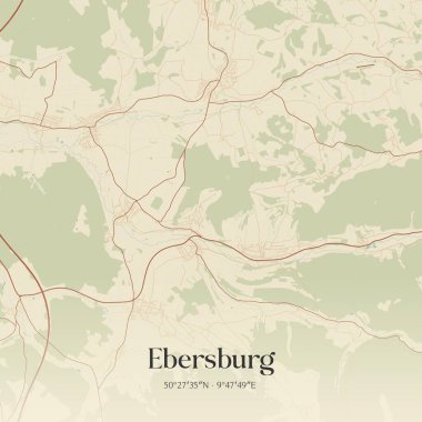 Ebersburg 'un klasik duvar sanat haritası, Hessen, Almanya' da. Ormanlar, yollar, şehirler, göller ve nehirlerle ilgili hava planı.