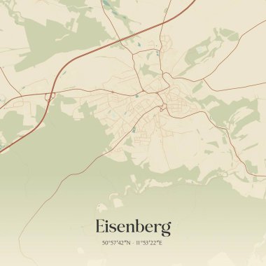 Eisenberg 'in klasik duvar sanat haritası, Thuringen, Almanya' da. Ormanlar, yollar, şehirler, göller ve nehirlerle ilgili hava planı.