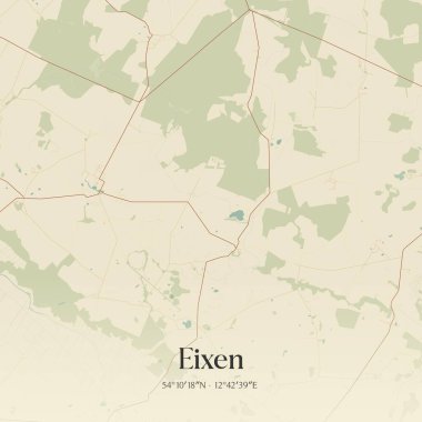 Eixen 'in klasik duvar sanat haritası, Mecklenburg-Vorpommern, Almanya' da. Ormanlar, yollar, şehirler, göller ve nehirlerle ilgili hava planı.