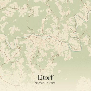 Eitorf 'un klasik duvar sanat haritası, Nordrhein-Westfalen, Almanya' da. Ormanlar, yollar, şehirler, göller ve nehirlerle ilgili hava planı.