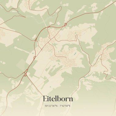 Almanya 'nın Rheinland-Pfalz şehrinde yer alan Eitelborn' un klasik duvar sanat haritası. Ormanlar, yollar, şehirler, göller ve nehirlerle ilgili hava planı.