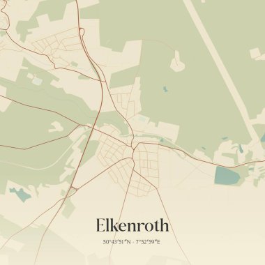 Vintage wall art map of Elkenroth, located in Rheinland-Pfalz, Germany. Aerial plan with forests, roads, cities, lakes and rivers. clipart