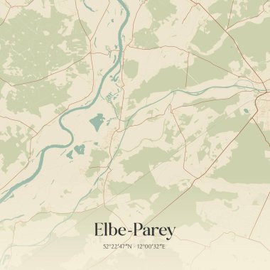 Vintage wall art map of Elbe-Parey, located in Sachsen-Anhalt, Germany. Aerial plan with forests, roads, cities, lakes and rivers. clipart