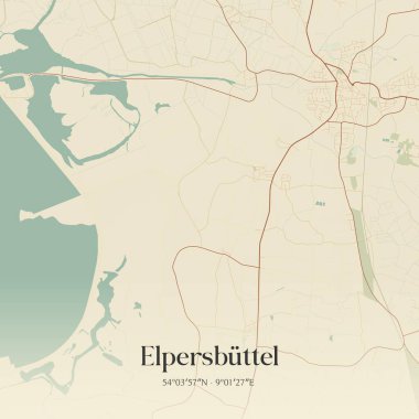 Vintage wall art map of Elpersbuttel, located in Schleswig-Holstein, Germany. Aerial plan with forests, roads, cities, lakes and rivers. clipart