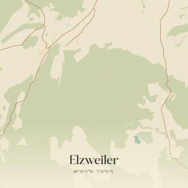 Rheinland-Pfalz, Almanya 'da bulunan Elzweiler' ın klasik duvar sanat haritası. Ormanlar, yollar, şehirler, göller ve nehirlerle ilgili hava planı.