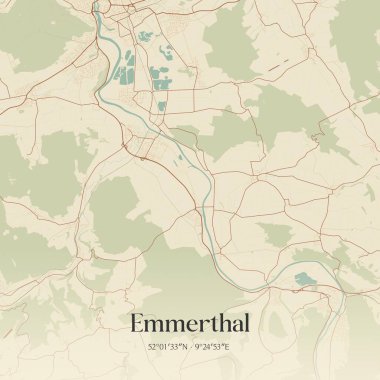 Niedersachsen, Almanya 'da bulunan Emmerthal' ın klasik duvar sanat haritası. Ormanlar, yollar, şehirler, göller ve nehirlerle ilgili hava planı.