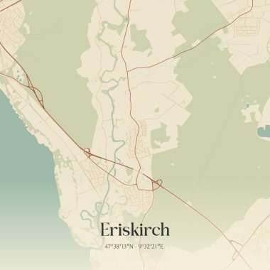 Almanya 'nın Baden-Wurttemberg kentinde yer alan Eriskirch' in klasik duvar sanat haritası. Ormanlar, yollar, şehirler, göller ve nehirlerle ilgili hava planı.