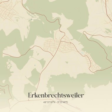 Almanya 'nın Baden-Wurttemberg kentinde yer alan Erkenbrechtsweiler' in klasik duvar sanat haritası. Ormanlar, yollar, şehirler, göller ve nehirlerle ilgili hava planı.