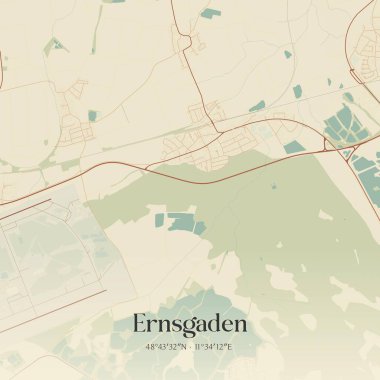 Almanya, Bayern 'de bulunan Ernsgaden' in klasik duvar sanat haritası. Ormanlar, yollar, şehirler, göller ve nehirlerle ilgili hava planı.