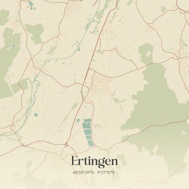 Ertingen 'in klasik duvar sanat haritası, Baden-Wurttemberg, Almanya' da. Ormanlar, yollar, şehirler, göller ve nehirlerle ilgili hava planı.