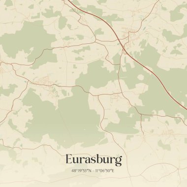 Vintage wall art map of Eurasburg, located in Bayern, Germany. Aerial plan with forests, roads, cities, lakes and rivers. clipart