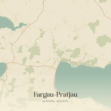 Almanya 'nın kuzeyinde Schleswig-Holstein eyâletinde bulunan Fargau-Pratjau' nun klasik duvar sanat haritası. Ormanlar, yollar, şehirler, göller ve nehirlerle ilgili hava planı.