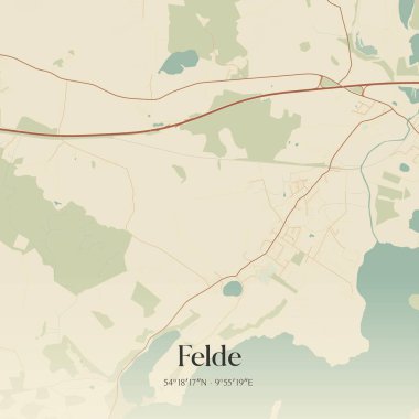 Almanya 'nın kuzeyinde Schleswig-Holstein eyâletinde bulunan Felde' nin klasik duvar sanat haritası. Ormanlar, yollar, şehirler, göller ve nehirlerle ilgili hava planı.