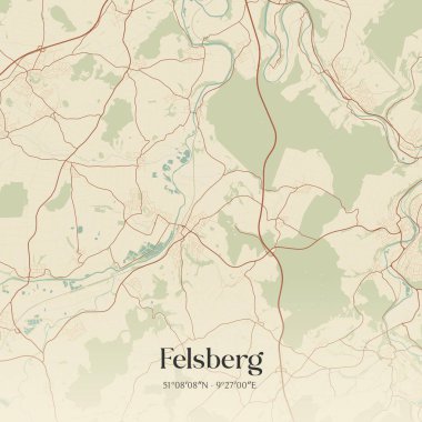 Felsberg 'in klasik duvar sanat haritası, Hessen, Almanya' da. Ormanlar, yollar, şehirler, göller ve nehirlerle ilgili hava planı.