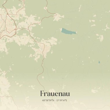 Frauenau 'nun klasik duvar sanat haritası, Almanya Bayern' de. Ormanlar, yollar, şehirler, göller ve nehirlerle ilgili hava planı.