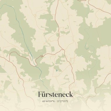 Fursteneck 'in klasik duvar sanat haritası, Almanya Bayern' de. Ormanlar, yollar, şehirler, göller ve nehirlerle ilgili hava planı.