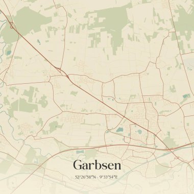 Garbsen 'in klasik duvar sanat haritası, Niedersachsen, Almanya' da. Ormanlar, yollar, şehirler, göller ve nehirlerle ilgili hava planı.