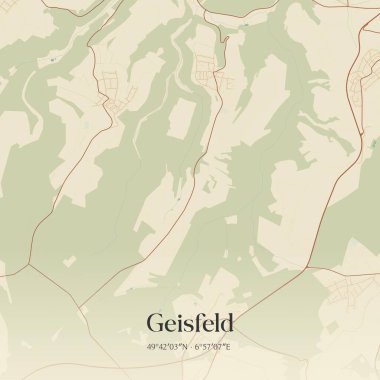 Rheinland-Pfalz, Almanya 'da bulunan Geisfeld' in klasik duvar sanat haritası. Ormanlar, yollar, şehirler, göller ve nehirlerle ilgili hava planı.