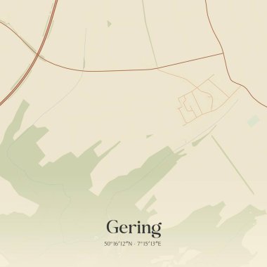 Gering 'in klasik duvar sanat haritası, Rheinland-Pfalz, Almanya' da. Ormanlar, yollar, şehirler, göller ve nehirlerle ilgili hava planı.