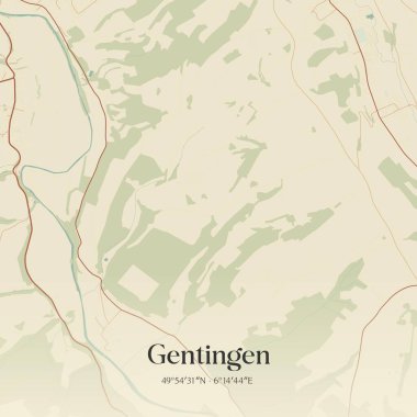 Gentingen 'in klasik duvar sanat haritası, Rheinland-Pfalz, Almanya' da. Ormanlar, yollar, şehirler, göller ve nehirlerle ilgili hava planı.