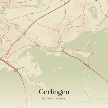 Almanya 'nın Baden-Wurttemberg kentinde bulunan Gerlingen' in klasik duvar sanat haritası. Ormanlar, yollar, şehirler, göller ve nehirlerle ilgili hava planı.
