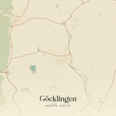 Almanya 'nın Rheinland-Pfalz şehrinde yer alan Gocklingen' in klasik duvar sanat haritası. Ormanlar, yollar, şehirler, göller ve nehirlerle ilgili hava planı.