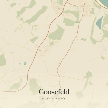 Vintage wall art map of Goosefeld, located in Schleswig-Holstein, Germany. Aerial plan with forests, roads, cities, lakes and rivers. clipart