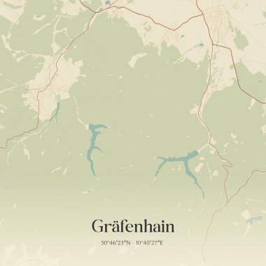 Thuringen, Almanya 'da bulunan Grafenhain' in klasik duvar sanat haritası. Ormanlar, yollar, şehirler, göller ve nehirlerle ilgili hava planı.