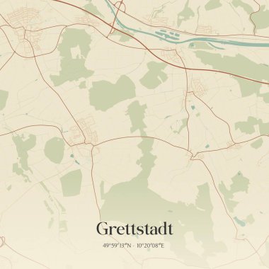 Grettstadt 'ın klasik duvar sanat haritası, Bayern, Almanya' da. Ormanlar, yollar, şehirler, göller ve nehirlerle ilgili hava planı.