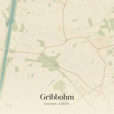 Almanya 'nın kuzeyinde Schleswig-Holstein eyâletinde Gribbohm' un klasik duvar sanat haritası. Ormanlar, yollar, şehirler, göller ve nehirlerle ilgili hava planı.