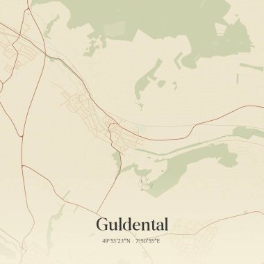 Vintage wall art map of Guldental, located in Rheinland-Pfalz, Germany. Aerial plan with forests, roads, cities, lakes and rivers. clipart