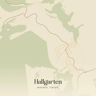 Vintage wall art map of Hallgarten, located in Rheinland-Pfalz, Germany. Aerial plan with forests, roads, cities, lakes and rivers. clipart