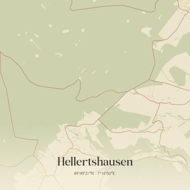 Hellertshausen 'in klasik duvar sanat haritası, Rheinland-Pfalz, Almanya' da. Ormanlar, yollar, şehirler, göller ve nehirlerle ilgili hava planı.