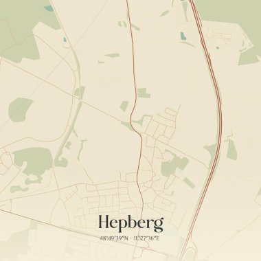 Hepberg 'in klasik duvar sanat haritası, Bayern, Almanya' da. Ormanlar, yollar, şehirler, göller ve nehirlerle ilgili hava planı.