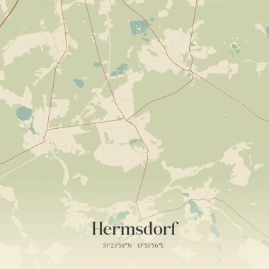 Brandenburg, Almanya 'da bulunan Hermsdorf' un klasik duvar sanat haritası. Ormanlar, yollar, şehirler, göller ve nehirlerle ilgili hava planı.