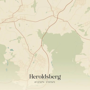 Almanya 'nın Bayern kentinde bulunan Heroldsberg' in klasik duvar sanat haritası. Ormanlar, yollar, şehirler, göller ve nehirlerle ilgili hava planı.