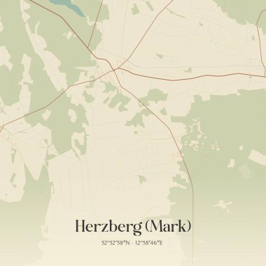 Vintage wall art map of Herzberg (Mark), located in Brandenburg, Germany. Aerial plan with forests, roads, cities, lakes and rivers. clipart