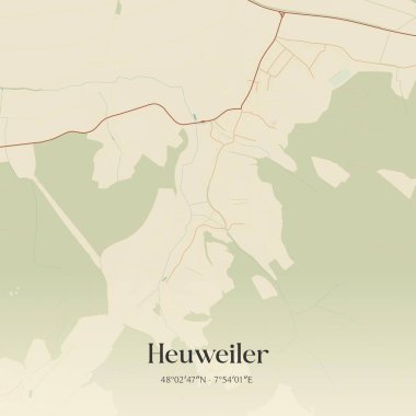 Baden-Wurttemberg, Almanya 'da bulunan Heuweiler' ın klasik duvar sanat haritası. Ormanlar, yollar, şehirler, göller ve nehirlerle ilgili hava planı.