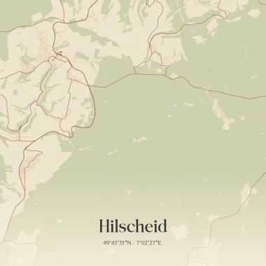 Hilscheid 'in klasik duvar sanat haritası, Rheinland-Pfalz, Almanya' da. Ormanlar, yollar, şehirler, göller ve nehirlerle ilgili hava planı.