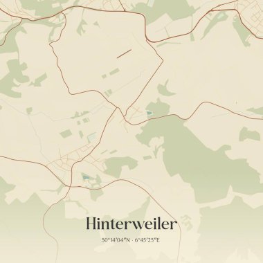 Rheinland-Pfalz, Almanya 'da bulunan Hinterweiler' ın klasik duvar sanat haritası. Ormanlar, yollar, şehirler, göller ve nehirlerle ilgili hava planı.