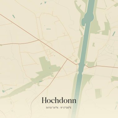 Vintage wall art map of Hochdonn, located in Schleswig-Holstein, Germany. Aerial plan with forests, roads, cities, lakes and rivers. clipart