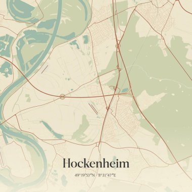 Hockenheim 'ın klasik duvar sanat haritası, Baden-Wurttemberg, Almanya' da. Ormanlar, yollar, şehirler, göller ve nehirlerle ilgili hava planı.