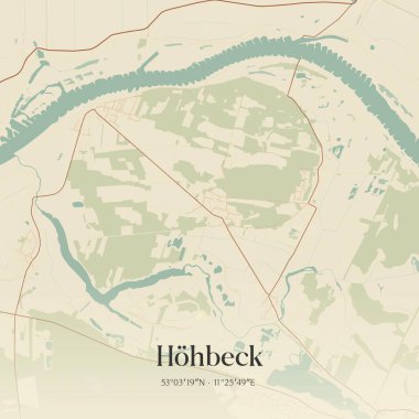 Hohbeck 'in klasik duvar sanat haritası, Niedersachsen, Almanya' da. Ormanlar, yollar, şehirler, göller ve nehirlerle ilgili hava planı.