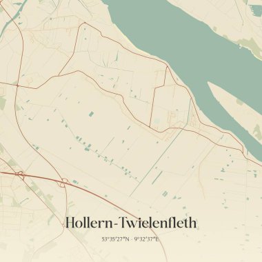 Hollern-Twielenfleth 'in klasik duvar sanat haritası, Niedersachsen, Almanya' da. Ormanlar, yollar, şehirler, göller ve nehirlerle ilgili hava planı.