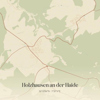 Vintage wall art map of Holzhausen an der Haide, located in Rheinland-Pfalz, Germany. Aerial plan with forests, roads, cities, lakes and rivers. clipart