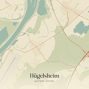 Hugelsheim 'in klasik duvar sanat haritası, Baden-Wurttemberg, Almanya' da. Ormanlar, yollar, şehirler, göller ve nehirlerle ilgili hava planı.