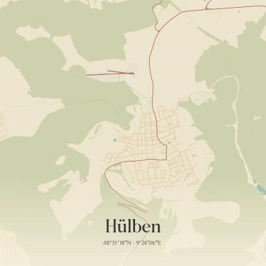 Hulben 'in klasik duvar haritası, Baden-Wurttemberg, Almanya' da. Ormanlar, yollar, şehirler, göller ve nehirlerle ilgili hava planı.