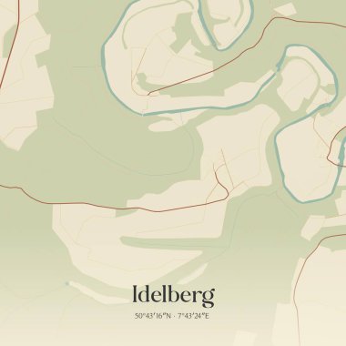 Rheinland-Pfalz, Almanya 'da bulunan Idelberg' in klasik duvar sanat haritası. Ormanlar, yollar, şehirler, göller ve nehirlerle ilgili hava planı.