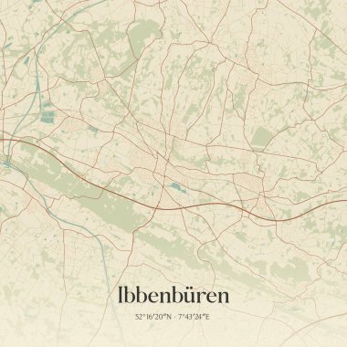 Ibbenburen 'in klasik duvar sanat haritası, Nordrhein-Westfalen, Almanya' da. Ormanlar, yollar, şehirler, göller ve nehirlerle ilgili hava planı.