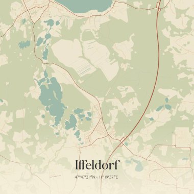 Vintage wall art map of Iffeldorf, located in Bayern, Germany. Aerial plan with forests, roads, cities, lakes and rivers. clipart